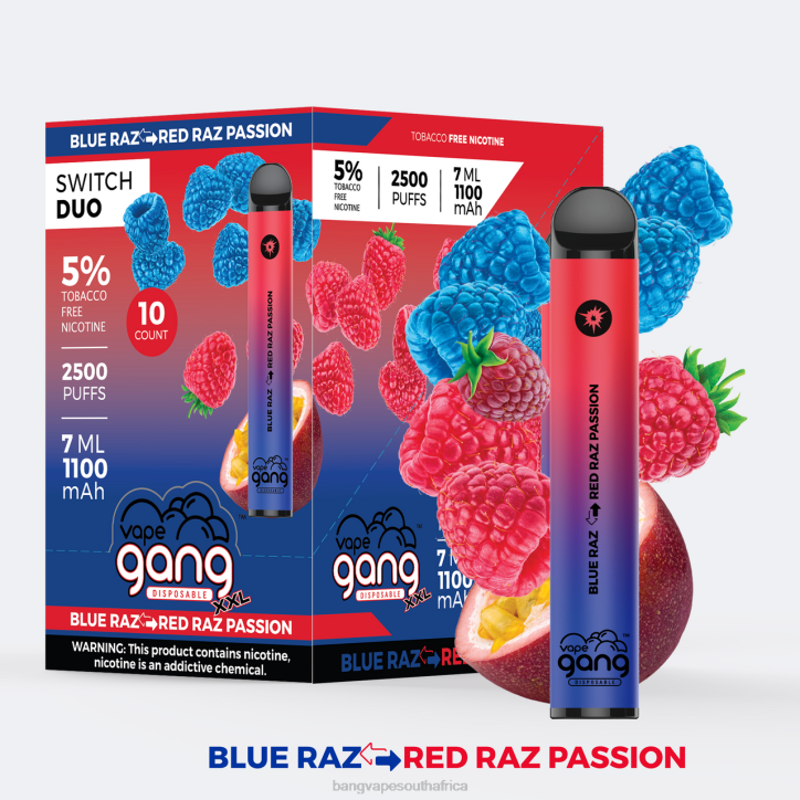 Bang Gang vape - Blue Razz - Red Razz Passion Vape Gang Switch Duo 2 flavors (Box of 10) X0VV41